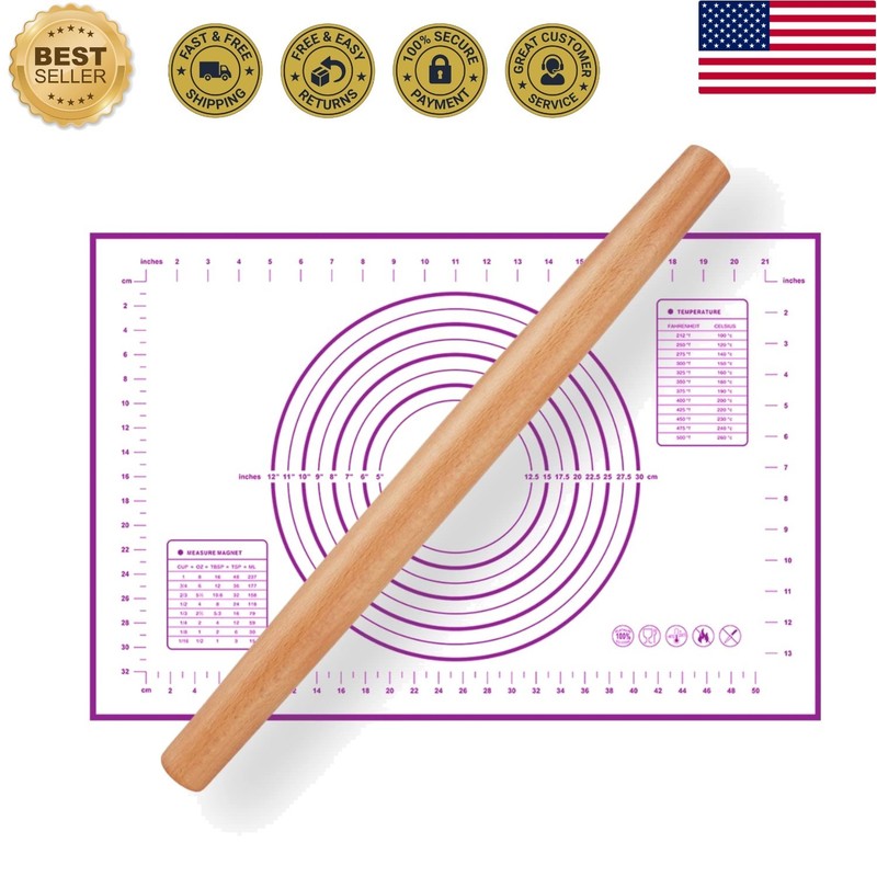 Beech Wood 16 Inch Rolling Pin with Non-Stick Purple Pastry Mat – Bake with Ease