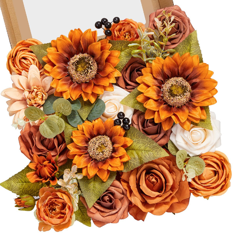 Serwalin Sunflower Artificial Flowers Burnt Orange Fall Flowers Fake Cake