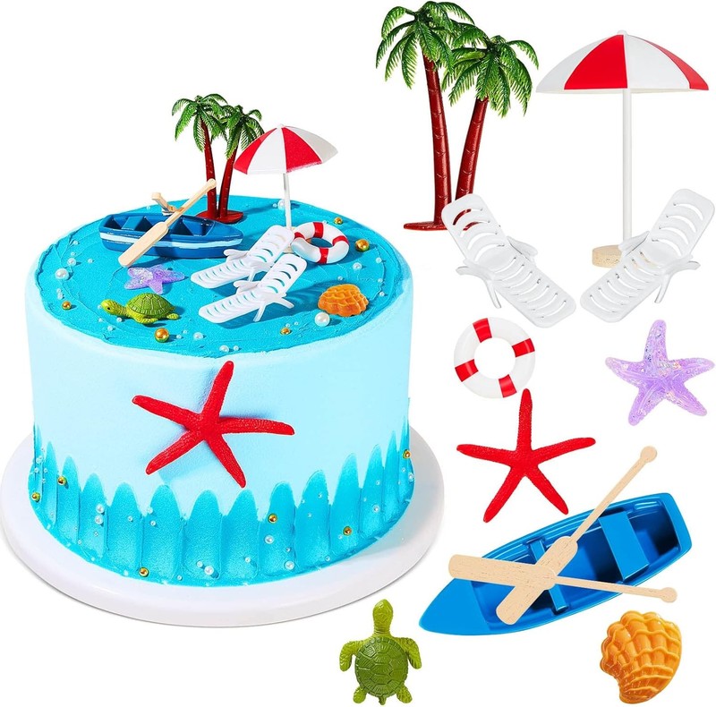 12 Pcs Hawaiian Beach Cake Decoration Summer Beach Chair Umbrella Cake Tropical