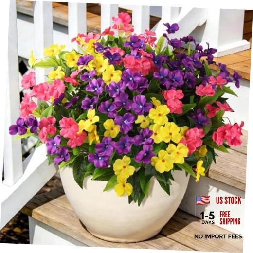 Artificial Impatiens Flowers for Outdoors, 6 Bundles Purple,yellow,pink