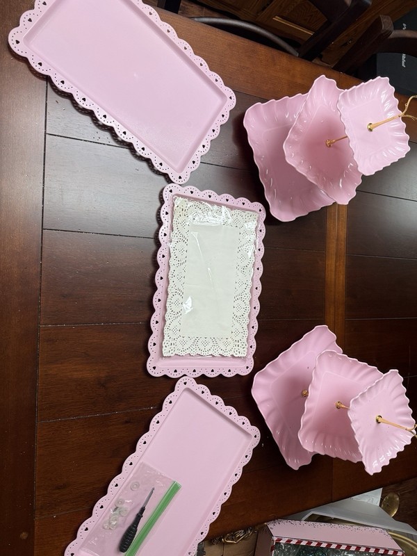 3-Tier Square Pink Cake Stand with Gold Handle, 3 rect. trays,LED lights/ beads gallery