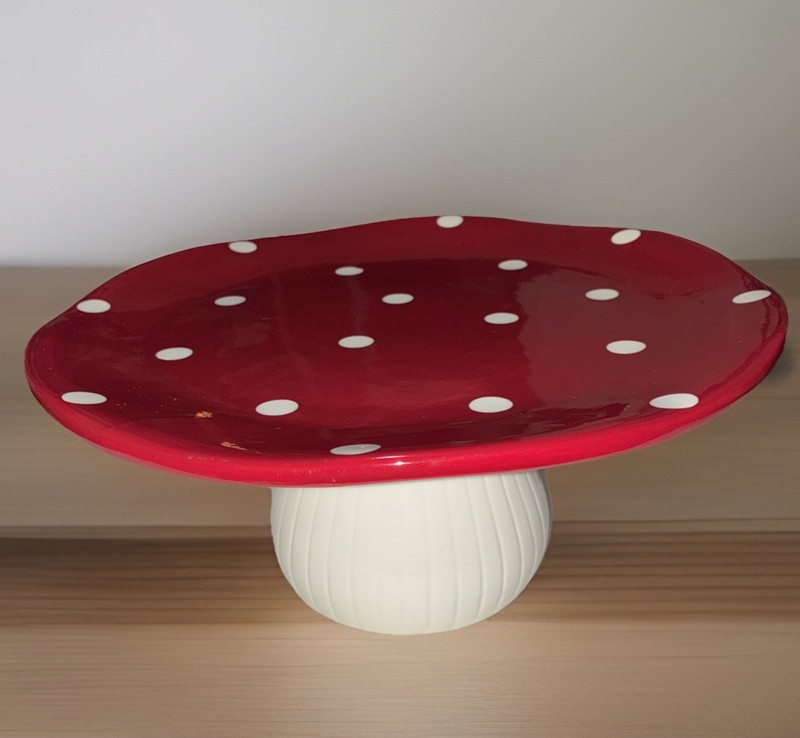 Ceramic Pedestal Mushroom Tray / Cake Stand Red Top With White PolkaDots 11” gallery