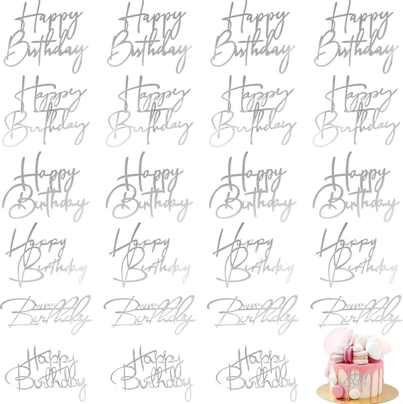 24 Pieces Silver Happy Birthday Cake Toppers Mirror Acrylic Cupcake Topper Happy