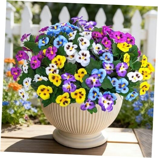 15 Bundles Artificial Flowers for Outdoors, 15″ Fake Pansies Silk Multi Color