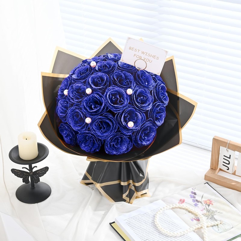 Waipfaru Blue Glitter Roses Bouquet, DIY Fake Flowers 24pcs, gallery