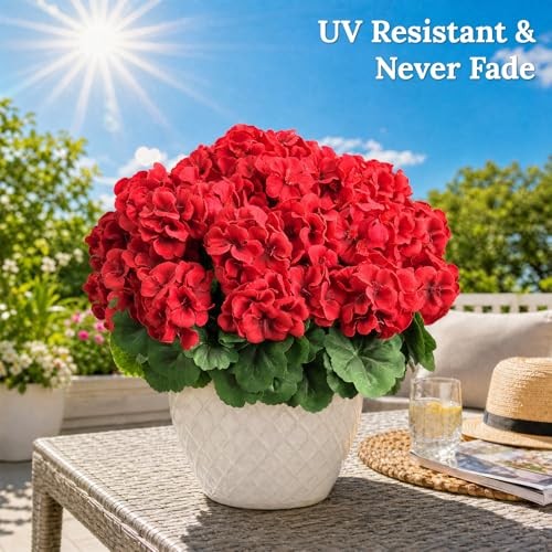 4 Bundles Artificial Geranium Flowers for Outdoors Silk Geranium 4 Bundles, Red gallery