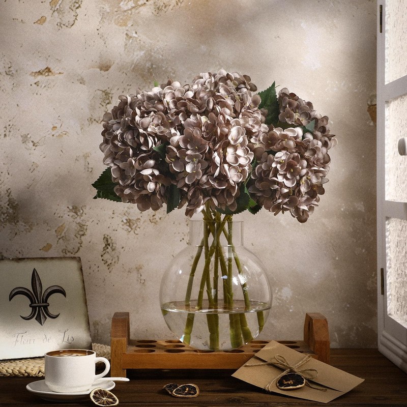 Suncalla 8 Pcs Coffee Brown Hydrangea Artificial Flowers 18 Inch Summer Faux