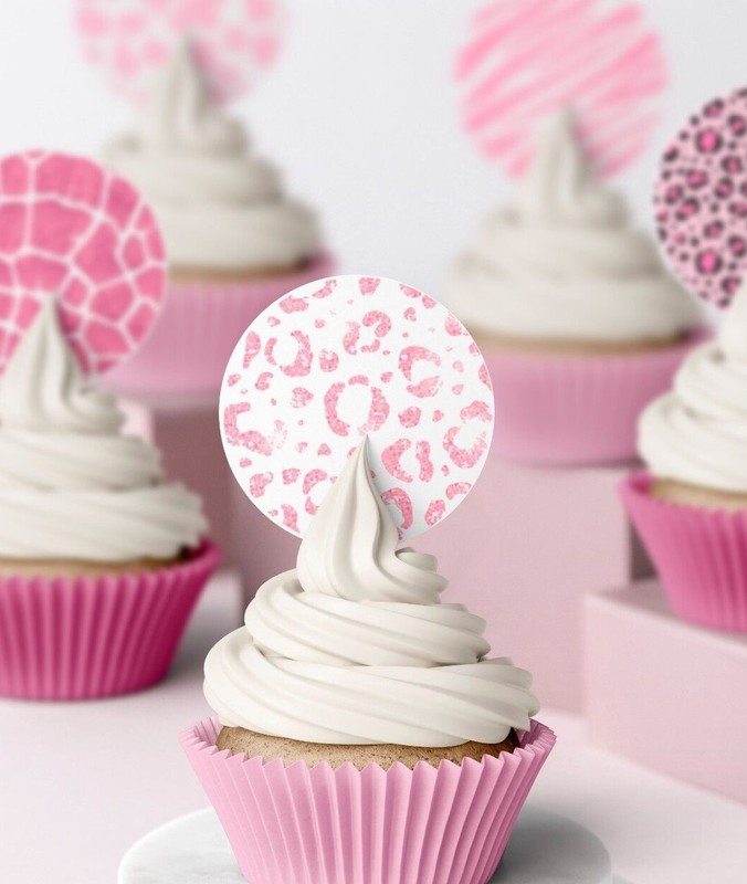 Edible pink Fashion animal print Icing Wafer cupcake Topper Birthday Decorations