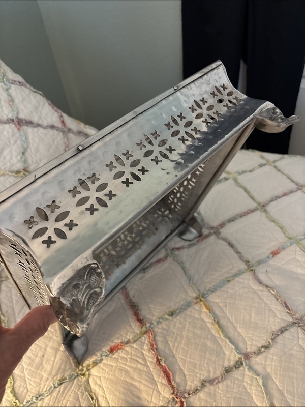 Vintage Silver 14" Square Cake Stand Display Party Riser With Cutouts. Aluminum? gallery