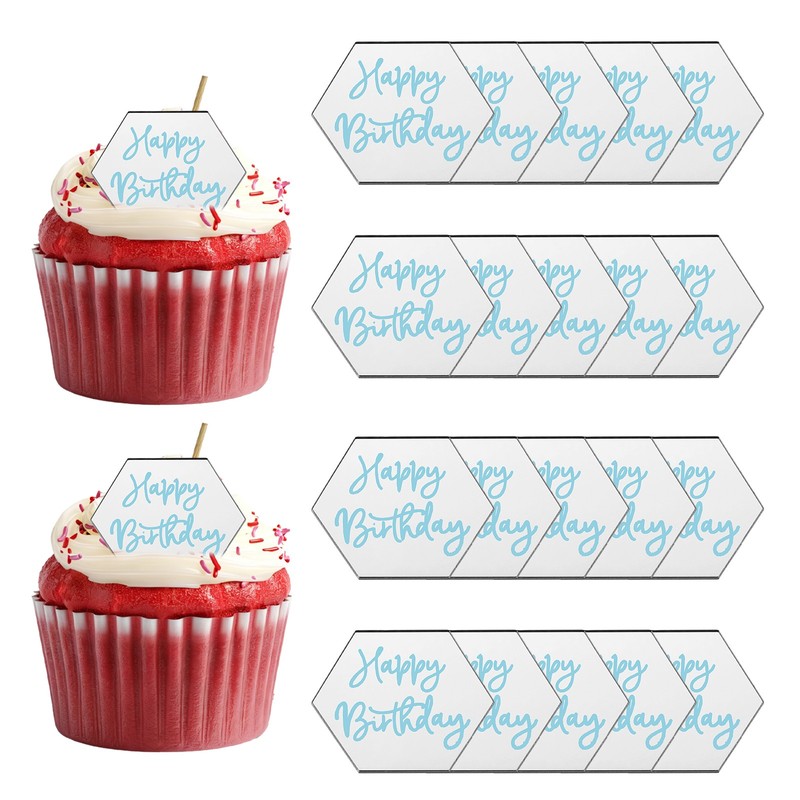 20Pcs Acrylic Mirror Happy Birthday Cupcake Toppers Hexagon  Shapes, 002-Silver