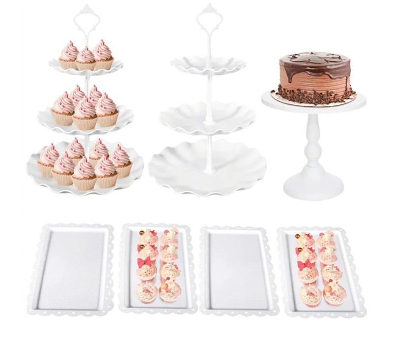 7 Pcs Dessert Table Stand Set 2 Pcs 3-Tier Plastic Cupcake Stands 1 Pc Metal
