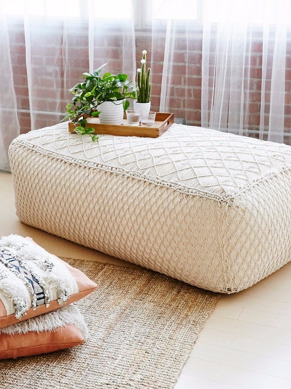 Free People Macrame Pouf Ottoman Coffee Table-NIP