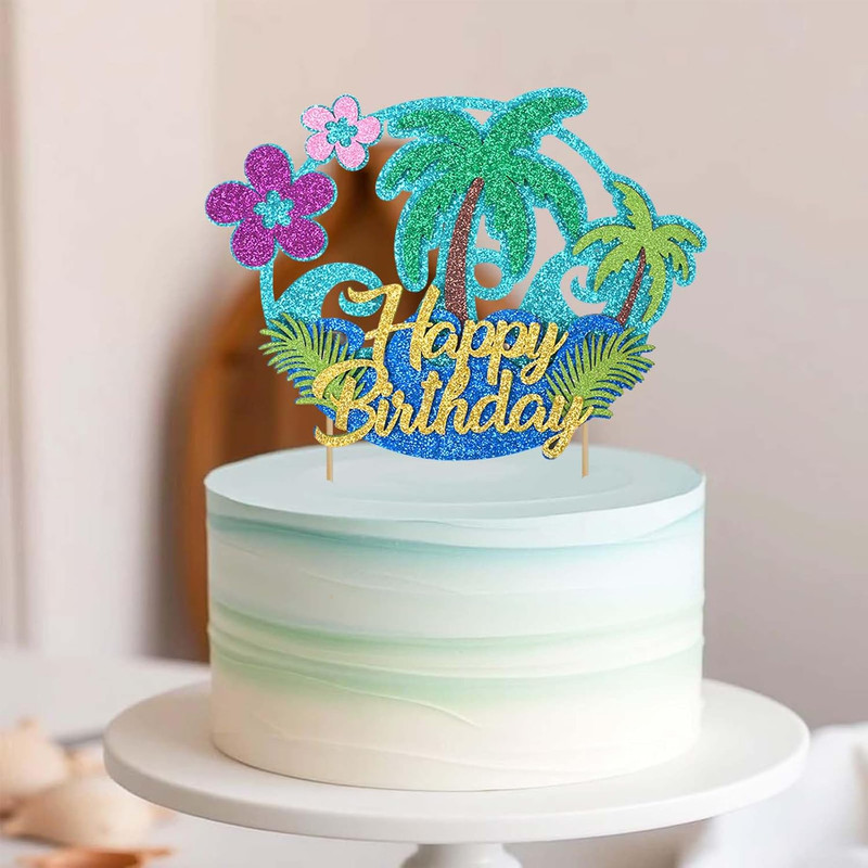 Glitter Hawaii Happy Birthday Cake Topper Palm Tree Summer Flower Ocean Hawaiian gallery