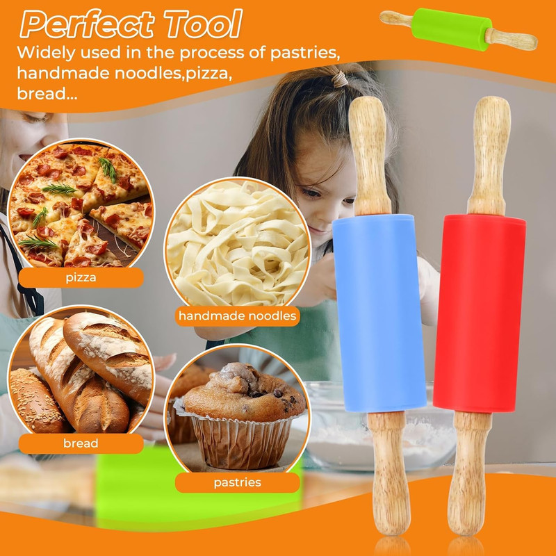 4 Pack Mini Rolling Pin for Kids, 9 Inch Wooden Handle Rolling Pin Non-Stick Sil gallery