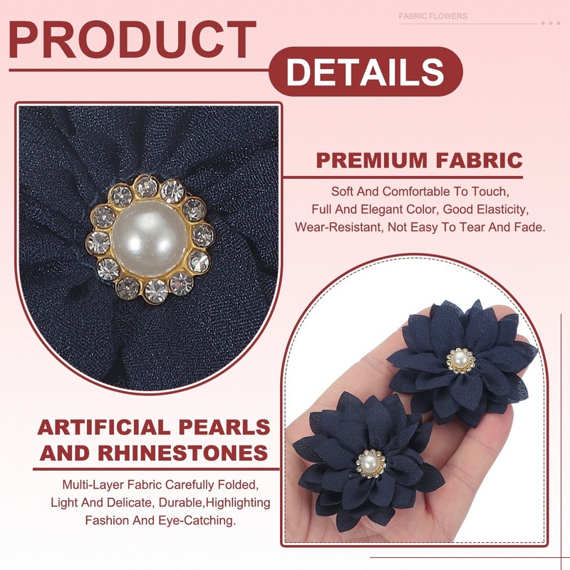 15Pcs 2" Fabric Flowers Rhinestone Pearls Sewing Fabric Flowers Navy Blue gallery