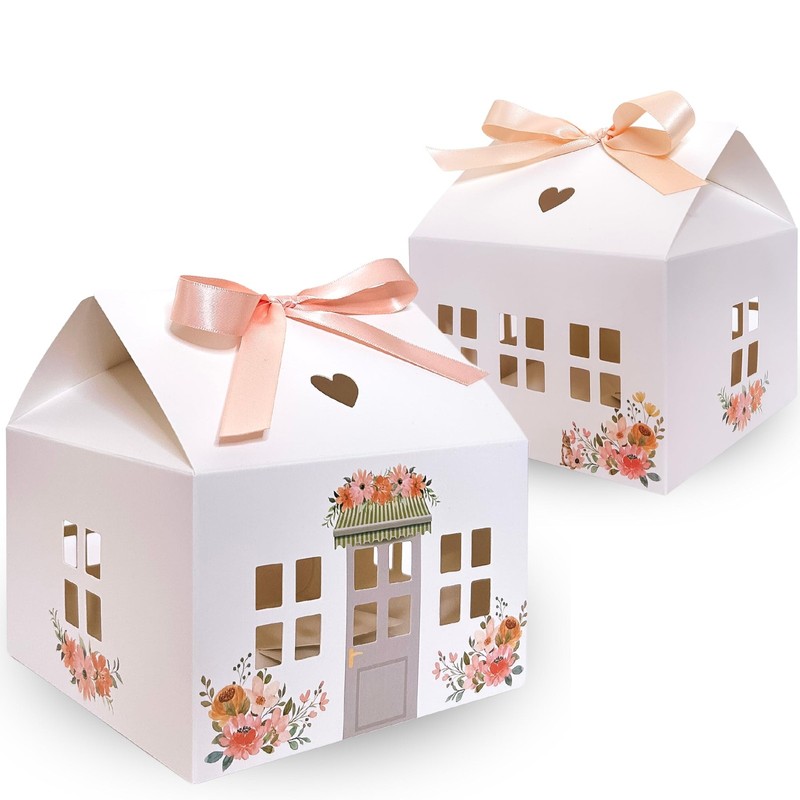 20 PCS Small House Shaped Gift Boxes Ribbons White Gable Bakery Treats