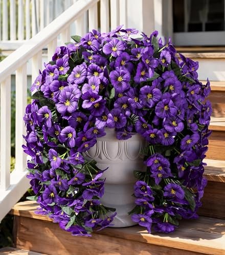 Artificial Flowers for Outdoors, 2pcs Faux Silk Pansies 2 Pcs Dark Purple