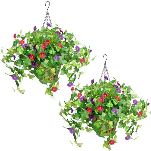2 Pack Artificial Hanging Flowers with 6pcs with 2 baskets Purple+hot Pink gallery