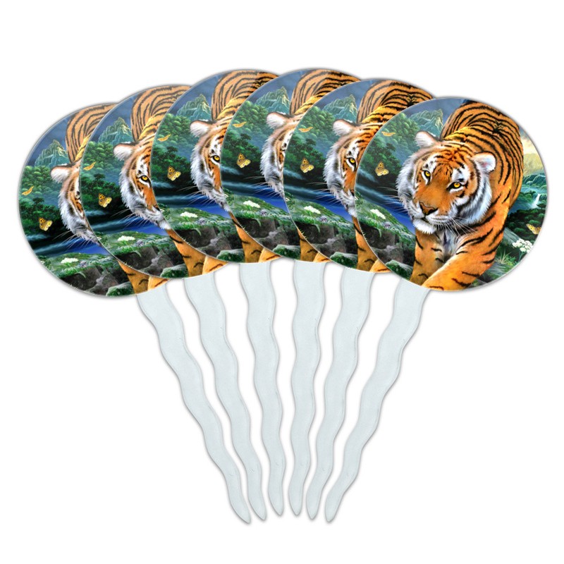Tiger Stalking at Sunset Butterflies Cupcake Picks Toppers Decoration Set of 6