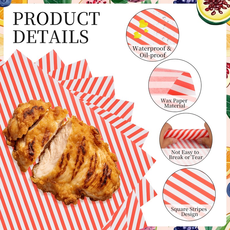 50 Pack Wax Paper Sheets, 11.8" x 11.8" Square Stripes Wrapping Paper, Red gallery