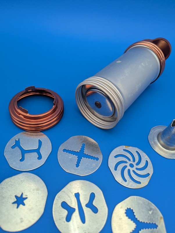 Mirro Cookie Press Decorating- 12 Design Plates & 3 Tips Copper Aluminum Vtg gallery