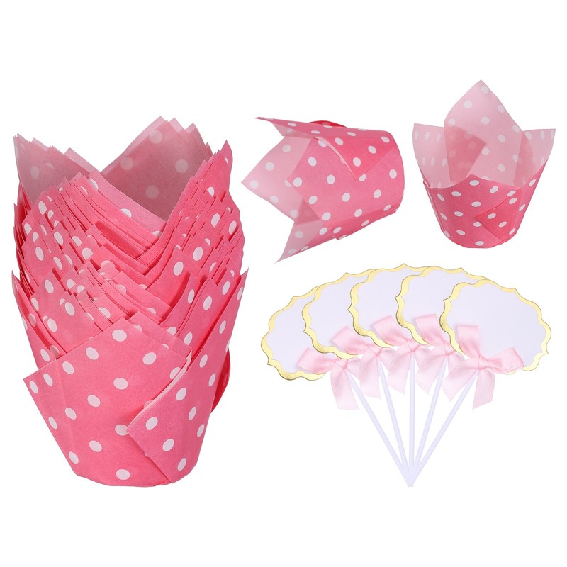 50Pcs Tulip Cupcake Liners with 5Pcs Cheese Markers Polka Dot Liners, Pink