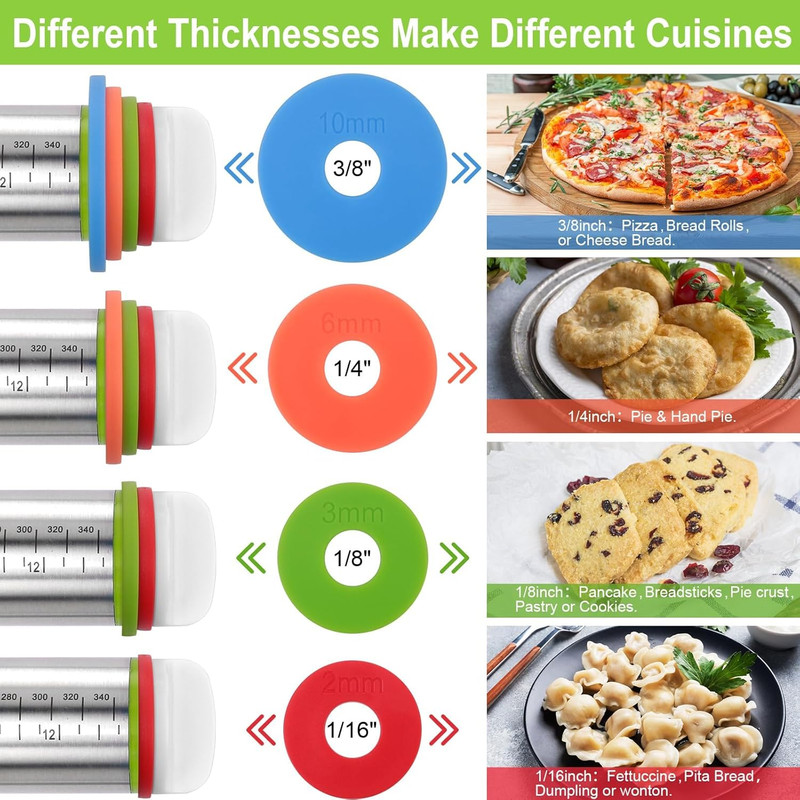 Rolling Pin with Thickness Rings and Red Silicone Baking Mat, Adjustable Stainle gallery