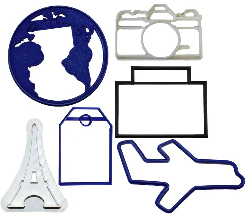 WORLD TRAVEL SET OF 6 GLOBE PLANE PARIS CAMERA SUITCASE TAG COOKIE CUTTER PR1032