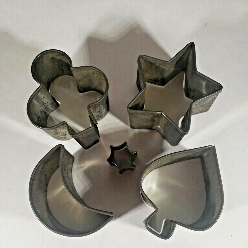 Vintage Tin Cookie Cutters Clover Stars Moon Spade Set of 5