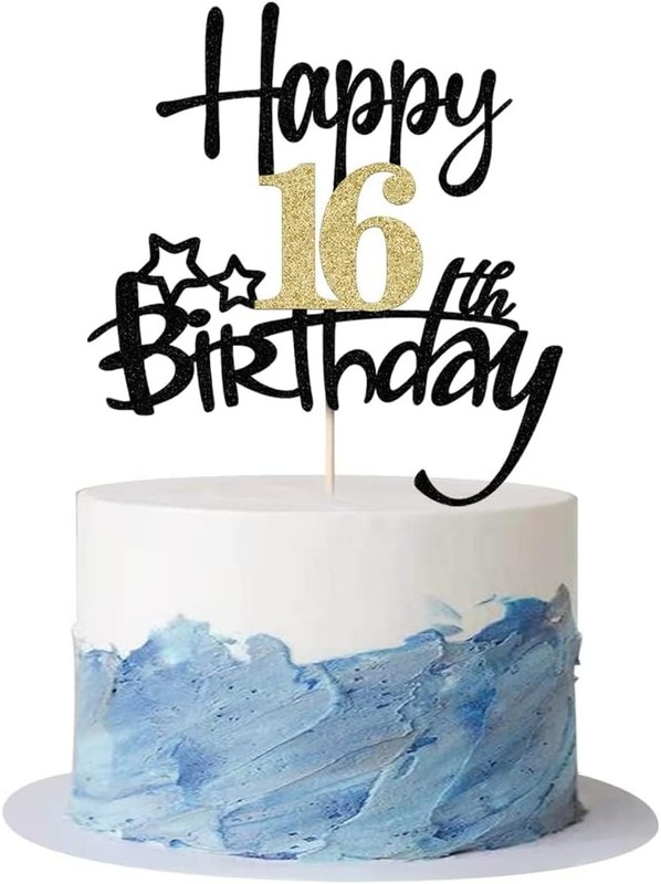 Black Gold Glitter Happy 16th Birthday Cake Topper – Hello 16/Cheers16，Happy