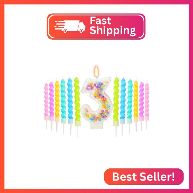 FAMGift Number 3 Birthday Candle with 12 Pcs Spiral Candles, Colorful Macaron Ca