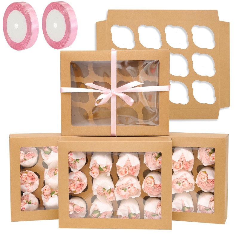 Cupcake Boxes 40 PCS Auto-pop Up Window 12 Count Container Ribbons Brown