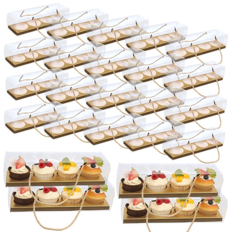 24 PCS Clear Cupcake Boxes With Handle Black Rectangular Treat Boxes 12x3x3 In