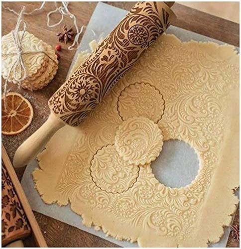 Embossed Rolling Pins Christmas Pin,3D Paisley Pattern 35*5, Wood
