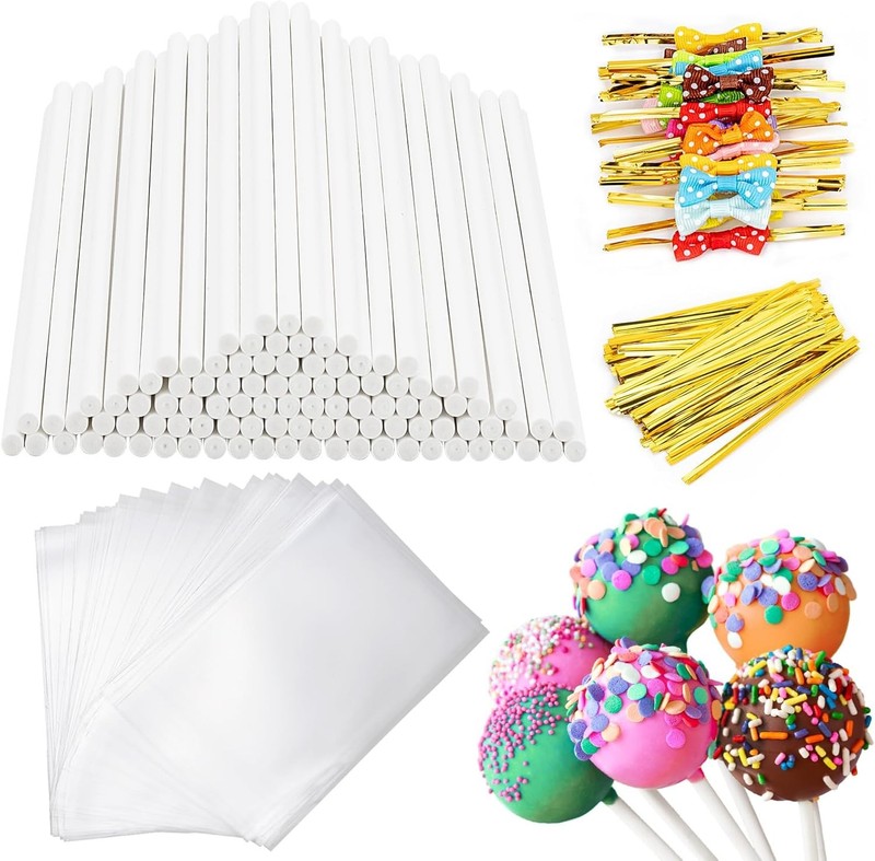 Cake Sticks and Wrappers Kit 320 Pcs 6 Inch Lolli Sticks Bags Metallic