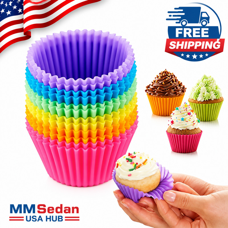 12PCS Reusable Silicone Cupcake Liners Muffin Baking Cups Non Stick Mold Set USA
