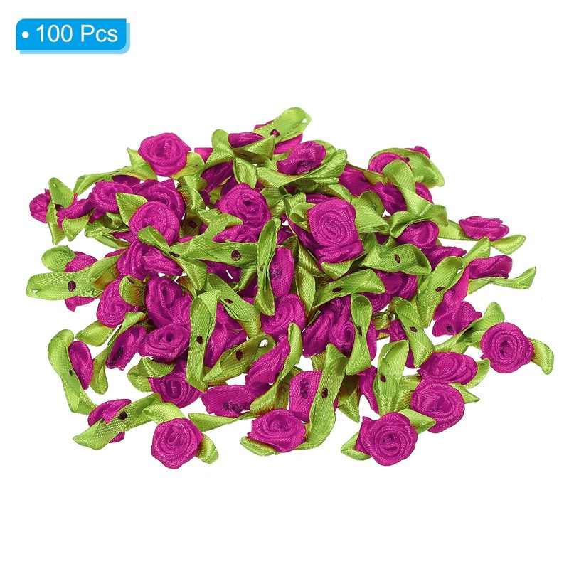 Mini Ribbon Roses, 100 Pcs Tiny Satin Fabric Flowers with Green Leaves, Rose Red gallery