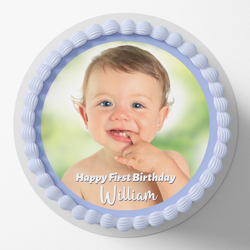 Custom Photo First Birthday Pre-cut Round Edible Icing Cake Topper