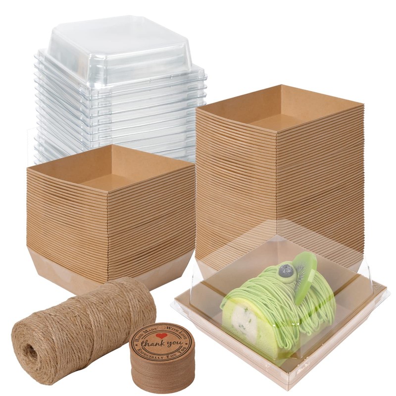 50 Pack Charcuterie Boxes With Clear Lids 4 Inches Brown Oilproof Kraft Paper Fo