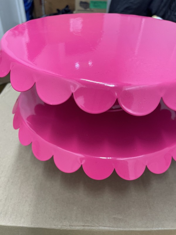 Bundle of 6 Scalloped Metal Pedestal Cake Plate Stand. Yellow, Hot Pink & Royal