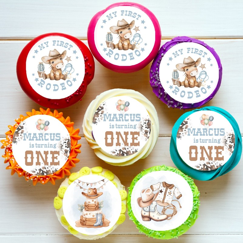 My First Rodeo 1st Birthday Pre-cut Edible Icing Cupcake or Cookie Toppers