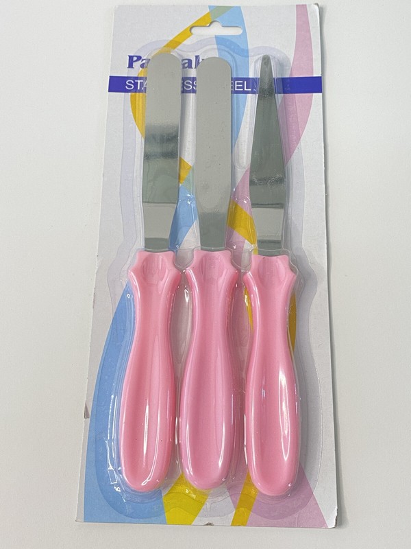 Pastry Cake Decorating 3 Piece Set Angled Spatula Pink & Stainless Steel