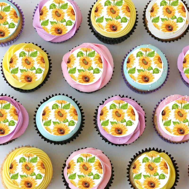 Sunflower Sunflowers Pre-cut Mini Edible Icing Cupcake or Cookie Toppers