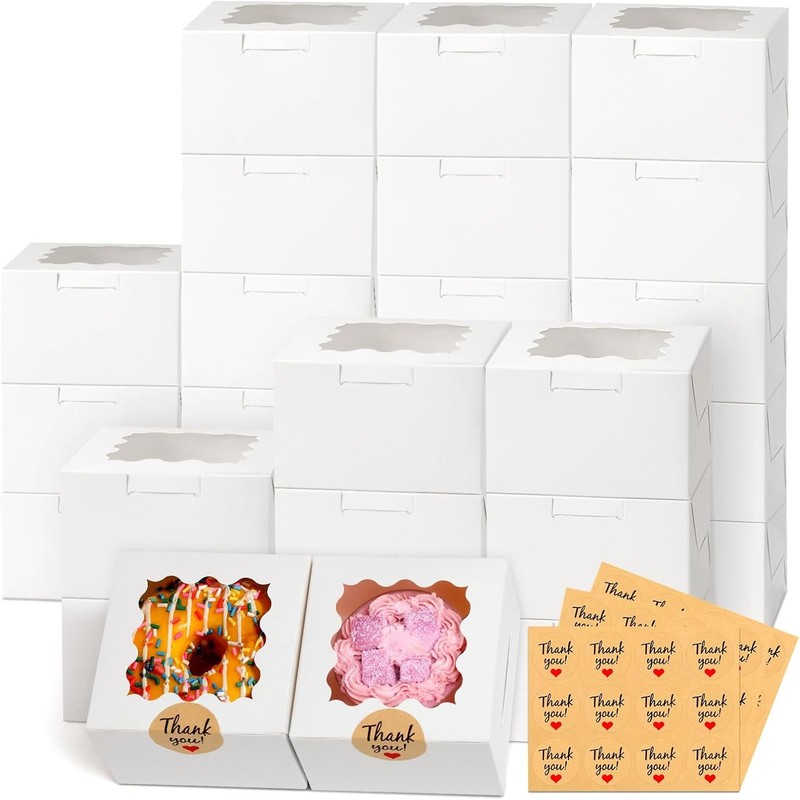 26pcs White Cookie Boxes with Window, 4x4x2.5 Inches Small Bakery Boxes with