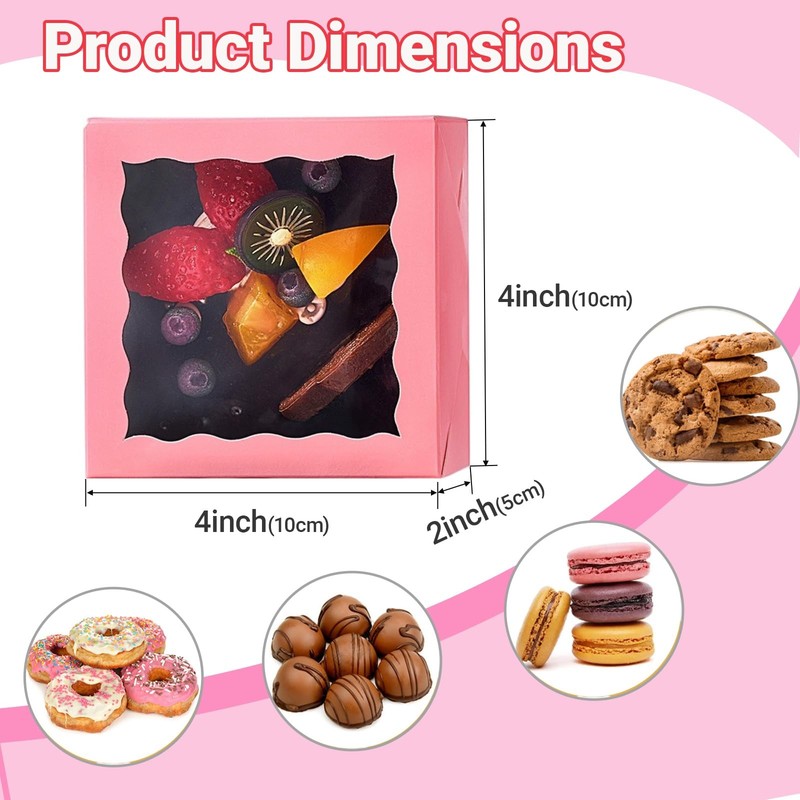 50 PCS 4x4x2 Inch Pink Bakery Box With Clear Window Cookie Pastry Treat DIY gallery