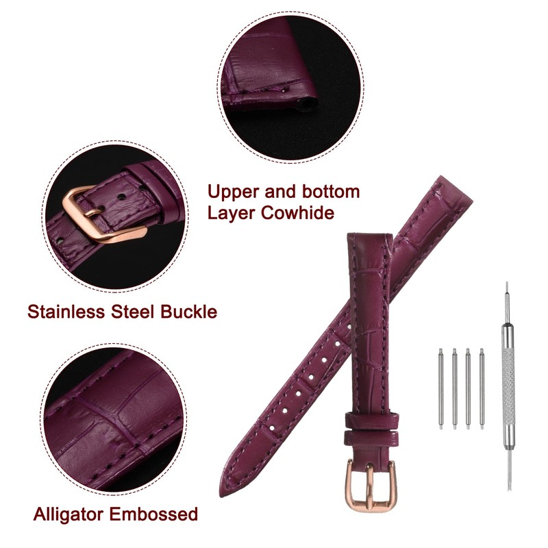 Classic 12mm Embossed Leather Watch Strap, Purple & Rose Gold gallery