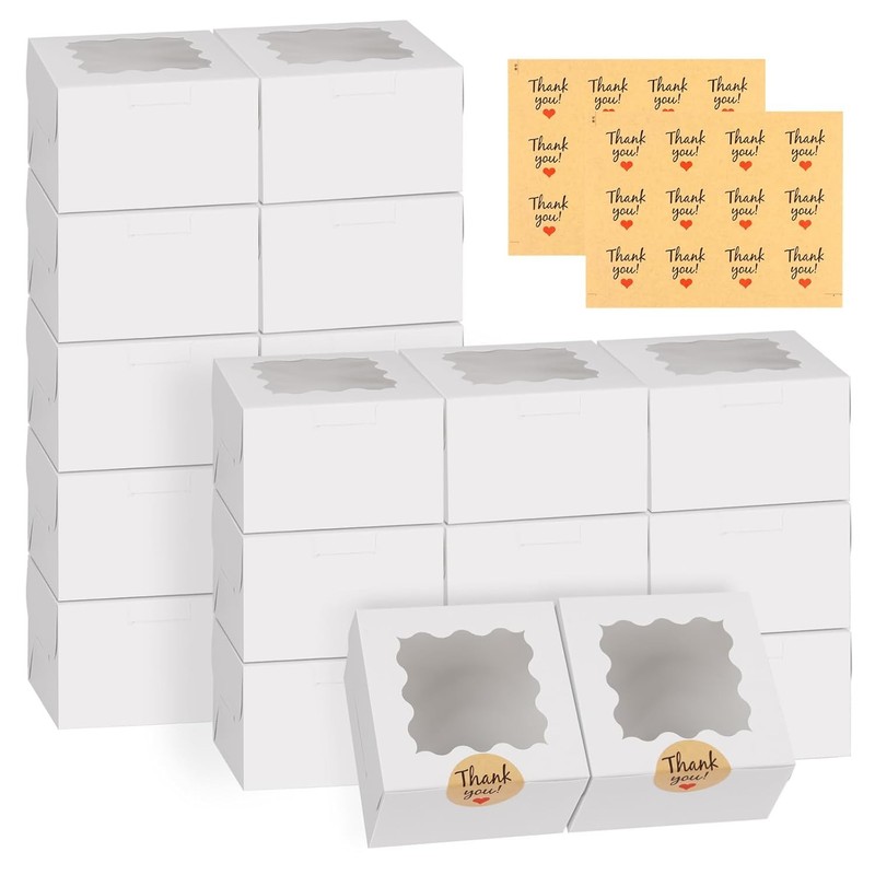 24PCS White Mini Cake Boxes 4x4x2.5 Inches Bakery Containers with Window