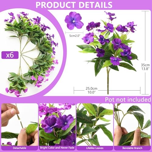 Artificial Impatiens Flowers for Outdoors, 6 Bundles Silk Fake Double Purple gallery