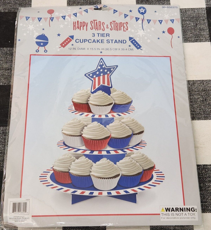 New Patriotic Cardboard Happy Stars & Stripes 3 Tier Cupcake Stand With Star Top