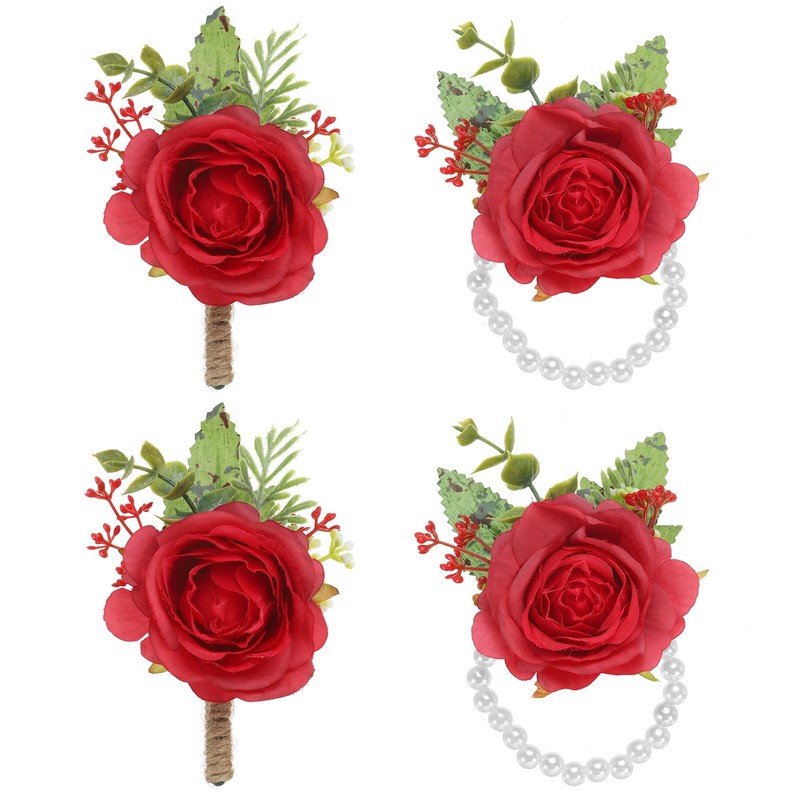 4 Pcs Rose Wrist Corsage and Boutonnieres Set, Wedding Flower Wristlet Dark Red